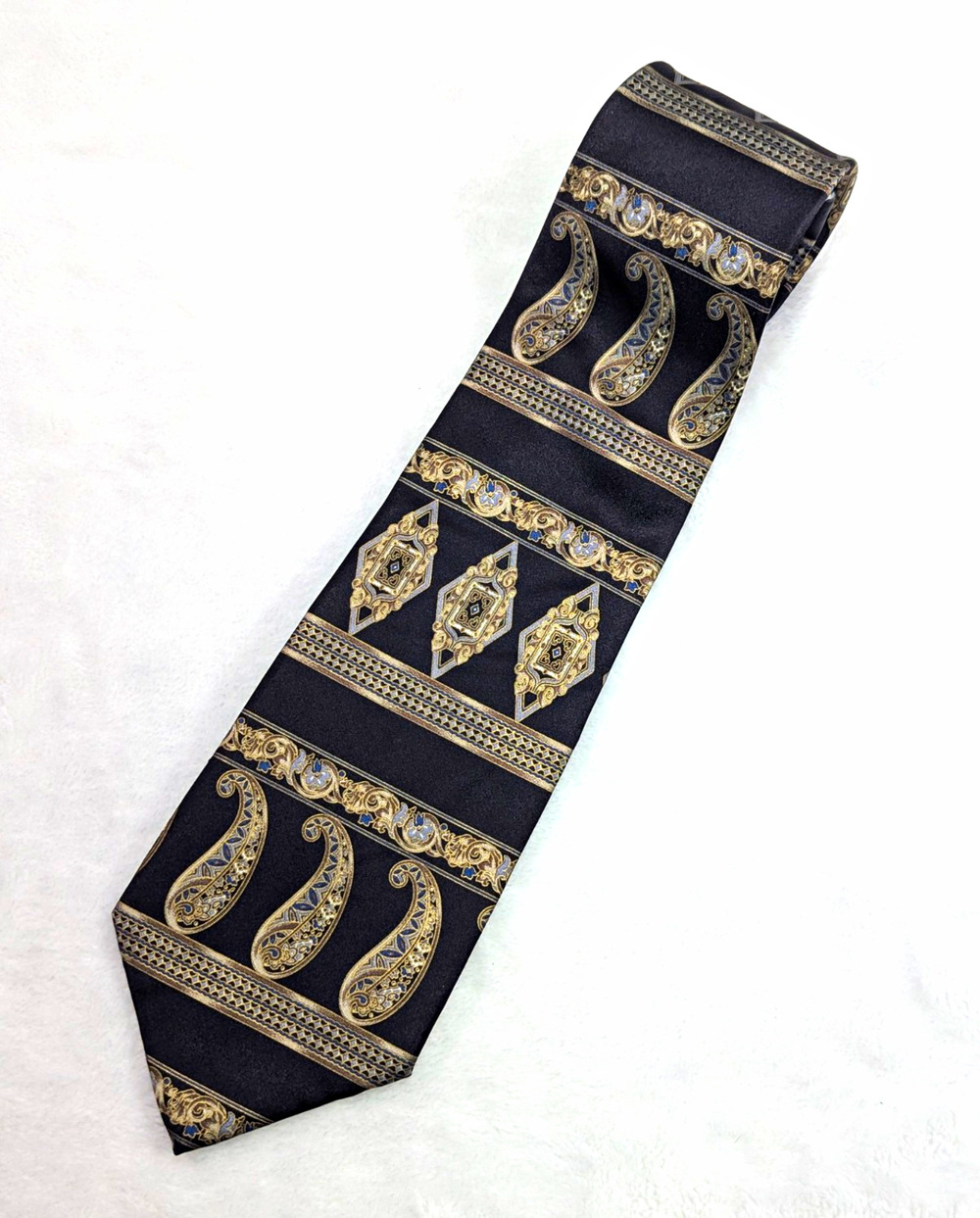 VTG Peter Thomas Superba Silk Tie Black Gold Paisley Italian 90s Power Necktie